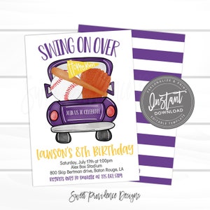 May include: Purple and yellow baseball-themed birthday invitation with a cartoon truck carrying baseball equipment. The invitation reads "Swing on Over" and "Lawson's 8th Birthday".