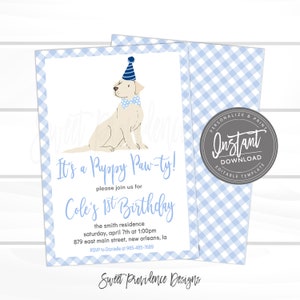 Dog Birthday Invitation, Puppy Paw-ty Invite, Editable Birthday invite, Blue Boy Gingham Dog Invitation, Instant Access