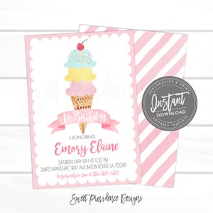 Ice Cream Birthday Party Invitation, First Birthday, Pink Ice Cream Social invitation, Editable Birthday Invite template, Instant Access
