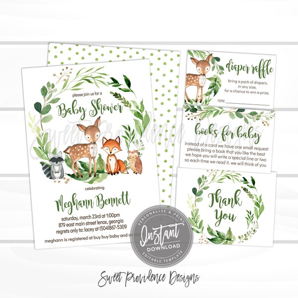 Woodland Animal Invitation, Greenery Woodland Invite Kit, Gender Neutral Editable Baby Shower Invite template, Printable Instant Access
