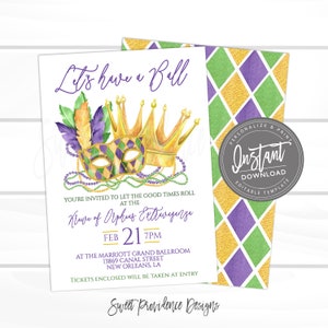 Mardi Gras Ball Invitation, Editable Krewe Celebration template, Carnival Masquerade invite template, Printable Instant Access