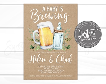 May include: A baby shower invitation with a brown background featuring a beer mug and a baby bottle with a green leafy design. The text reads "A Baby is Brewing" and includes the names "Helen & Chad" and the date and time of the shower. The invitation also includes the address and registry information.