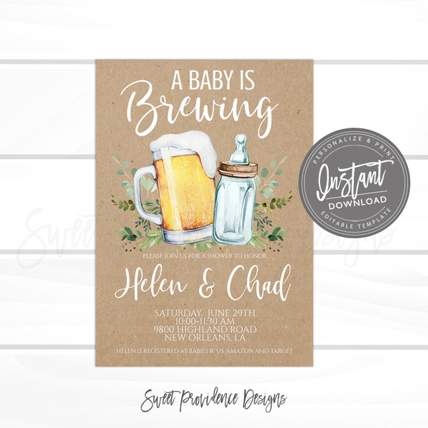 Baby is Brewing Shower Invitation, Bottle and Beers Baby Shower Cheers Coed Couples Shower Editable Template Corjl Instant Access- Edit NOW