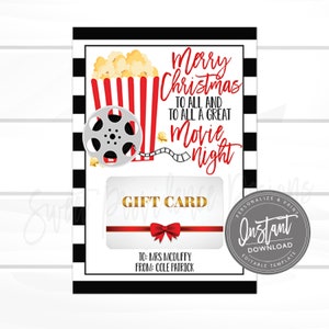 May include: A rectangular gift card template featuring a black and white striped border, a red and white popcorn bucket, a film reel, and the text Merry Christmas TO ALL AND TO ALL A GREAT Movie night. Includes a central gift card graphic with a red bow.