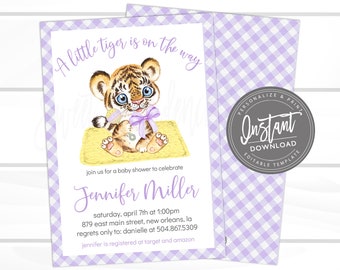 Tiger Baby Shower Invitation, Baby Mascot Invite, Purple and gold Gingham Dog Invite, Baton Rouge, Louisiana Editable invite, Instant Access