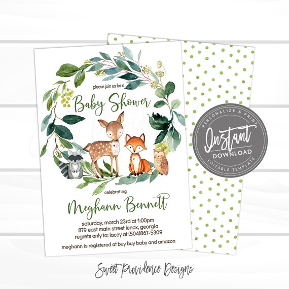Woodland Animal Invitation, Greenery Woodland theme Invite, Gender Neutral, Editable boy Baby Shower template, Printable Instant Access Il_570xn