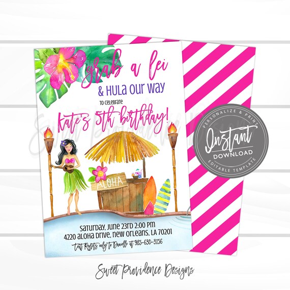 Luau Invitation, Luau Birthday Pool Party Invite, Hawaiian Luau Party Supplies, Printable Editable template - INSTANT ACCESS - Edit NOW! Il_570xn