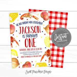 May include: A red, white, and blue birthday invitation with a crawfish, corn, lemon, onion, and potato illustration. The text reads "We are boiling with excitement Jackson is turning one. Saturday, June 17th @ 11:00 AM Jackson's Crawfish Mound 12596 Mound Drive RSVP to Danielle at (985)867-5309".
