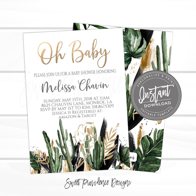 Fiesta Baby Shower Invitation, Cactus Baby Shower Invite, Succulent Shower, Modern Desert, Gender Neutral, EDITABLE Instant Access template image 1