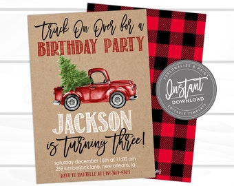 Christmas Birthday Invitation, Boy birthday invite, Editable Birthday template, Rustic Lumberjack, buffalo plaid, winter, Instant Download