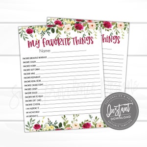 Cosas favoritas de amigos editables, Encuesta de cuestionario de amigos, Algunas de mis cosas favoritas, Carta de regalo, Apreciación, Instantáneo imprimible