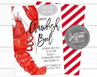 May include: A watercolor-style invitation for a Crawfish Boil event. The design features a large, red crawfish illustration and the text "3rd Annual Crawfish Boil." Additional text includes event details and RSVP information. The back of the invitation has red and white stripes.