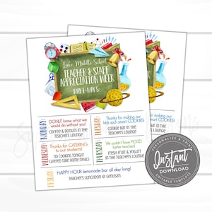 EDITABLE Teacher Appreciation Printable Week Itinerary, Printable Digital File, Appreciation Week Schedule Events, Instant Access- Edit Now!