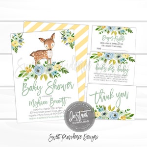 Woodland Animal Baby Shower Invitation, Editable Floral Baby Shower invite, Neutral Deer Woodland, Printable Template, Instant Access