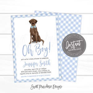 Dog Baby Shower Invitation, Oh Boy Invitation, Editable invite, Blue Boy Gingham Dog Invitation, Chocolate Lab Puppy Dog, Instant Access