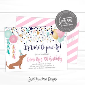 Puppy Dog Birthday Invitation, Time to paw-ty Invitation, Girl Dog Invite, EDITABLE Birthday Template, Dachshund, Instant Access