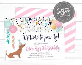 May include: A printable party invitation with a cute cartoon dachshund wearing a party hat. The invitation is decorated with confetti, balloons, and flags. The text on the invitation reads "It's time to paw-ty!" and "Emma Ray's 7th Birthday".