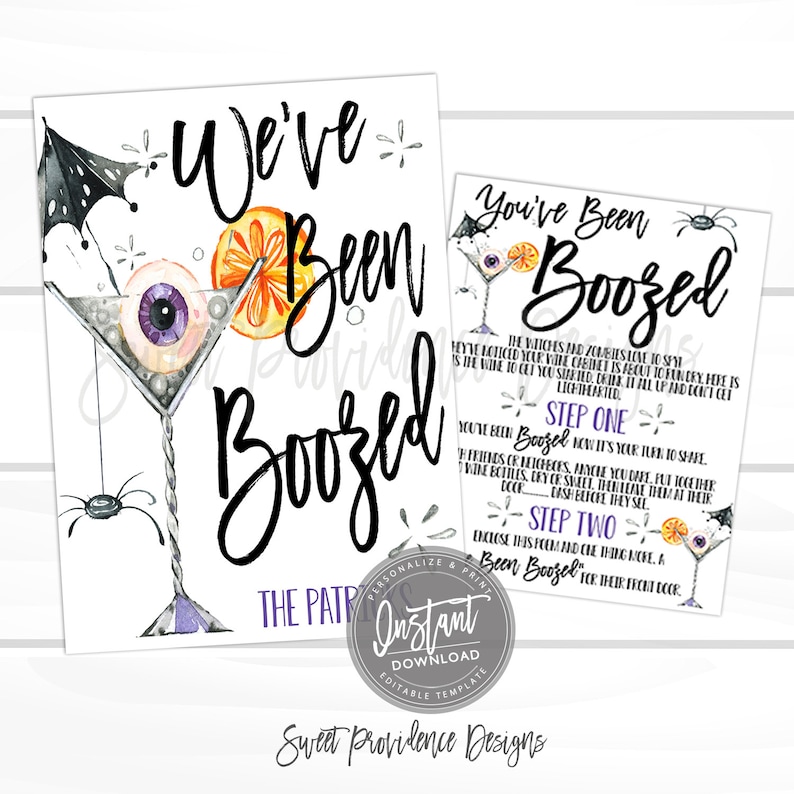 May include: Two Halloween-themed printable signs with the text "We've Been Boozed" and "You've Been Boozed". The first sign features a martini glass with an eyeball and spider. The second sign has instructions.