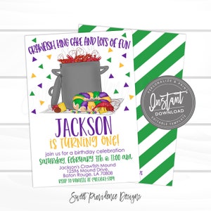 May include: A colorful invitation for a birthday party with a crawfish boil theme. The invitation features a cartoon illustration of a pot of crawfish, a king cake, and the text "Crawfish King Cake and Lots of Fun". The invitation also includes the name "Jackson" and the text "is turning one!" along with details about the party, including the date, time, and location.