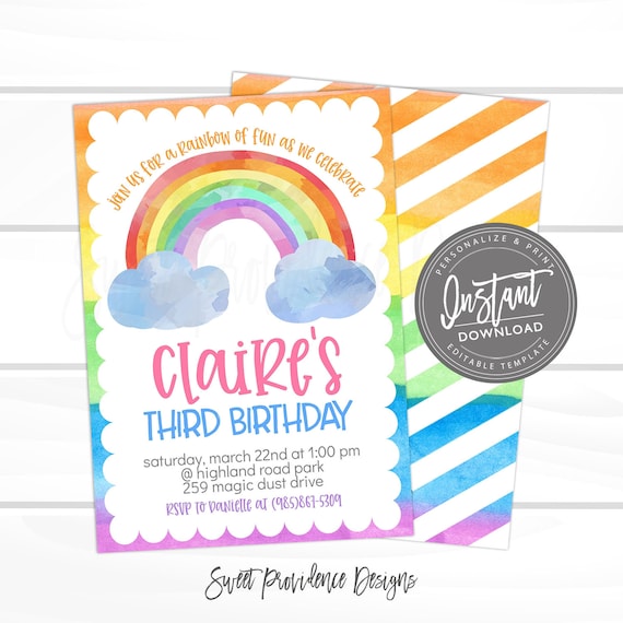 Rainbow Invitation, Rainbow Birthday Party, Editable Girls Birthday Party Invite Template, Rainbow Baby Invites, Printable- Instant Download Il_570xn
