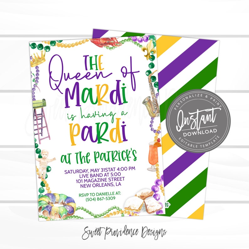 May include: A Mardi Gras party invitation featuring a purple, green and gold colour scheme. The invitation includes a watercolour illustration of a crown, beads, a king cake, a trumpet, a ladder, a baby doll and a drink. The text reads "The Queen of Mardi is having a Pardi at The Patrick's" and includes the date, time and location of the party. RSVP information is also provided.