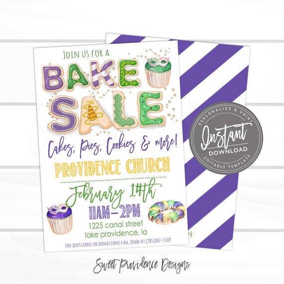 Mardi Gras Bake Sale Flyer, Bake Sale Flyer, Cookies, holiday, Fundraiser flyer, Church, School, Editable Flyer Template, Instant Access Il_570xn
