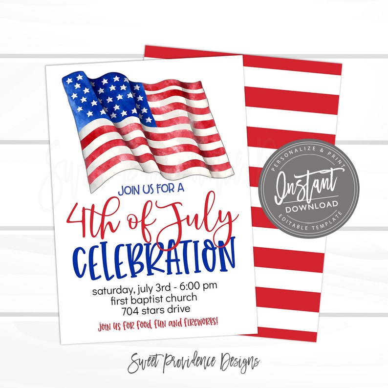 May include: An invitation to a 4th of July celebration featuring a watercolour illustration of an American flag. The invitation includes the date, time, location, and details about the event. The text reads "Join us for a 4th of July Celebration, Saturday, July 3rd - 6:00 pm, First Baptist Church, 704 Stars Drive, Join us for food, fun, and fireworks!"