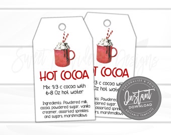 EDITABLE Hot Cocoa Recipe Christmas Tag, DIY Christmas Tag, Recipe Tag, Holiday Favor Hang Tag, Christmas Hang Tags, Santa Gift Tag