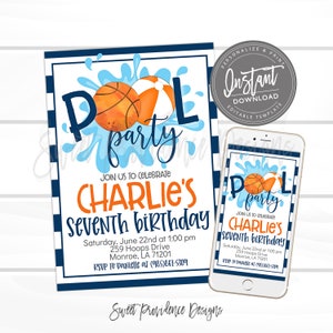 May include: A blue and white striped invitation with a blue and orange basketball and beach ball graphic. The text reads "Pool Party" and "Join us to celebrate Charlie's Seventh Birthday". The invitation includes the date, time, address, and RSVP information.