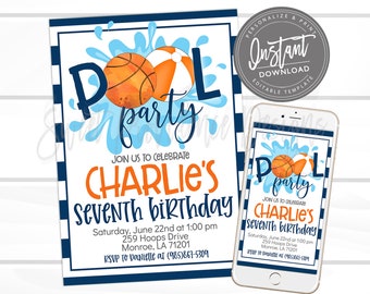 Basketball Birthday Invitation, Pool Party, Editable team party, Boy Sports Summer Birthday Invite, Printable Instant Access EDIT NOW