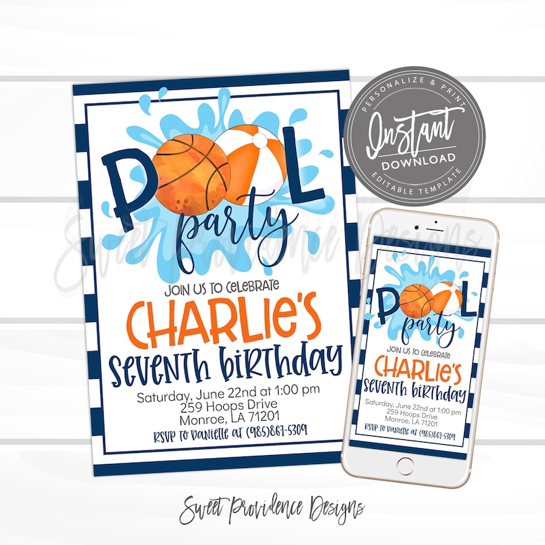 May include: A blue and white striped invitation with a blue and orange basketball and beach ball graphic. The text reads "Pool Party" and "Join us to celebrate Charlie's Seventh Birthday". The invitation includes the date, time, address, and RSVP information.