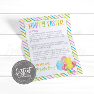 May include: A colorful printable card with a striped background and a message that says "Happy Easter" and "all my love, the Easter Bunny".