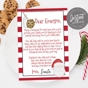 May include: A Christmas-themed letter from Santa Claus with red and white striped borders. The letter includes a message, a Santa illustration, and is accompanied by chocolate chip cookies and candy canes.