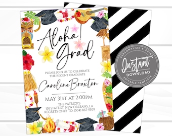 Editable Graduation Luau Celebration Invitation, Printable Graduation Party Invite, Aloha Pool Party, Class of 2025, Instant Access Edit Now