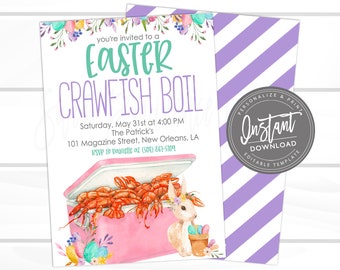 Pode incluir: Um convite com tema de Páscoa com o texto "Easter Crawfish Boil". O convite apresenta uma geleira rosa transbordando com lagostins, um coelho e detalhes florais. O fundo é branco com um padrão de listras roxas e brancas.