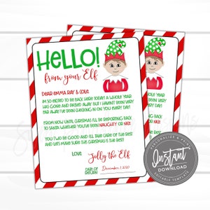 May include: Two printable Christmas letters from "Jolly the Elf" with a red and white striped border. The letters feature an elf illustration and the text "HELLO! from your Elf" in green. The letters are dated December 1, 2020.