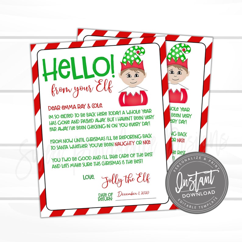 May include: Two printable Christmas letters from "Jolly the Elf" with a red and white striped border. The letters feature an elf illustration and the text "HELLO! from your Elf" in green. The letters are dated December 1, 2020.