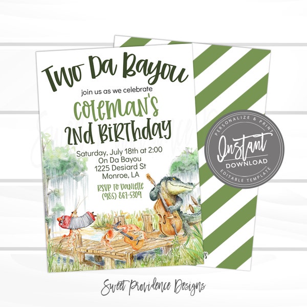 Two da Bayou Birthday Invitation, Editable kids party, Cajun Birthday theme Invite, Digital Template, Instant Access Printable- EDIT NOW