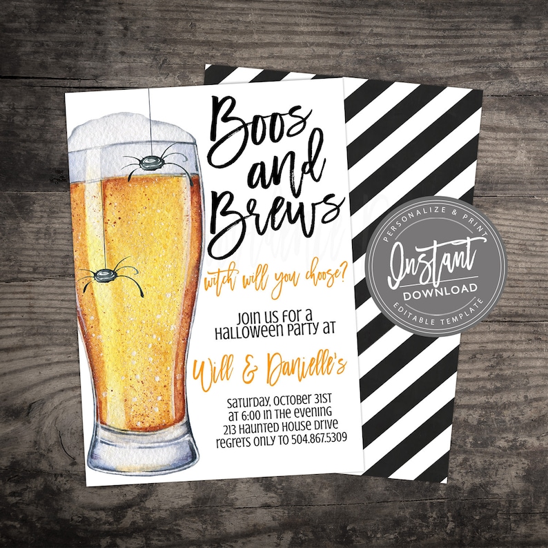 May include: Halloween party invitation with a watercolor illustration of a beer glass with spiders. The invitation reads "Boos and Brews" with event details, including the date, time, and location. The back of the invitation has black and white diagonal stripes.