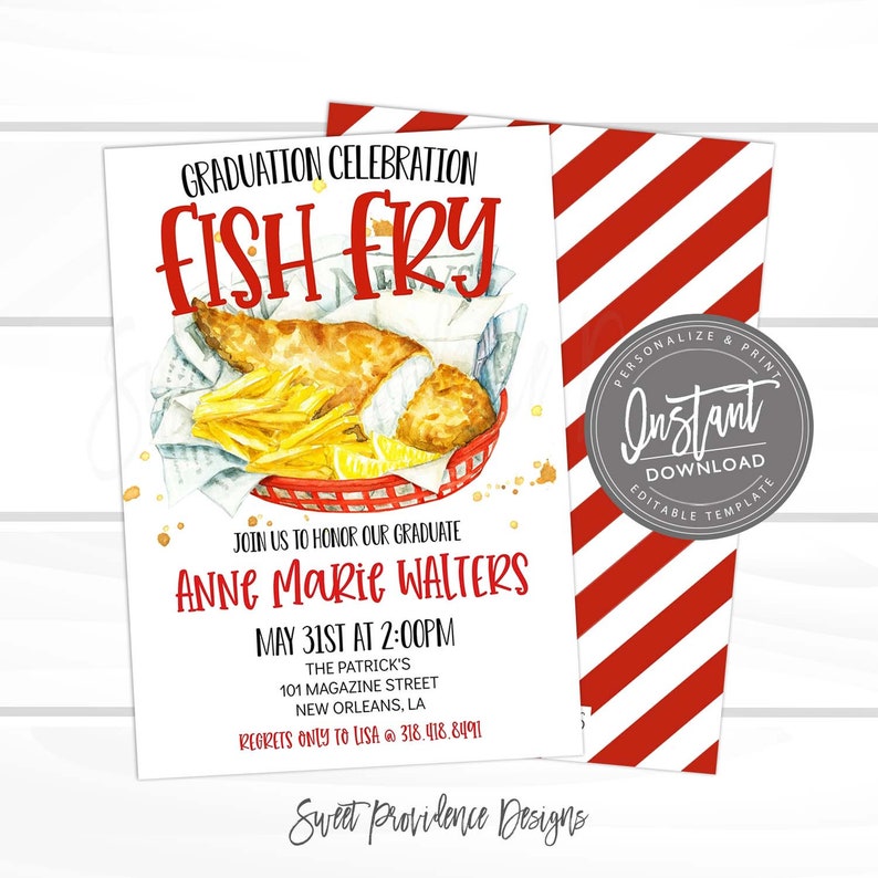 Puede incluir: Una invitaci&oacute;n a una celebraci&oacute;n de graduaci&oacute;n con una ilustraci&oacute;n de acuarela de una cesta de pescado y patatas fritas. La invitaci&oacute;n es para Anne Marie Walters y es para una fritura de pescado el 31 de mayo a las 2:00 PM en The Patrick's, 101 Magazine Street, Nueva Orleans, LA. El texto "Descarga instant&aacute;nea Plantilla editable" est&aacute; en un c&iacute;rculo gris en el lado derecho de la invitaci&oacute;n.