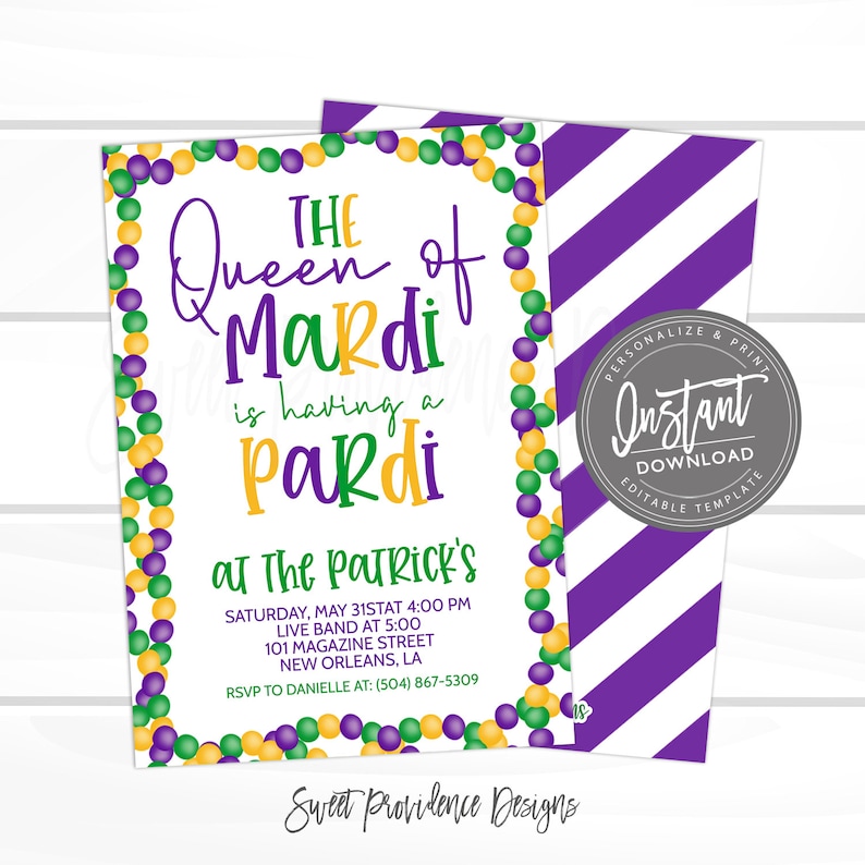 Mardi Gras Invitation, Queen of Mardi Pardi, Laissez Les Bon Temps Rouler, Birthday Editable template, Fat Tuesday, Printable Instant Access image 1