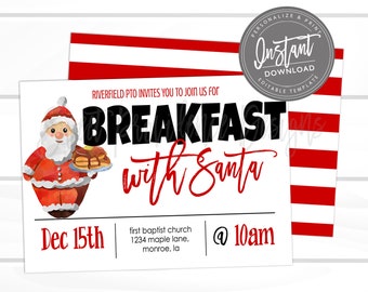Breakfast with Santa Flyer, School or Church function, Christmas PTO fundraiser, Pancakes, Editable template, Instant Download,
