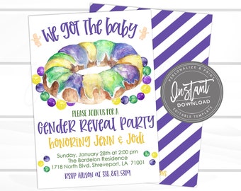 Mardi Gras Gender Reveal Party, Editable Reveal template, We Got the Baby, Fat Tuesday Carnival, Instant Access Edit Now