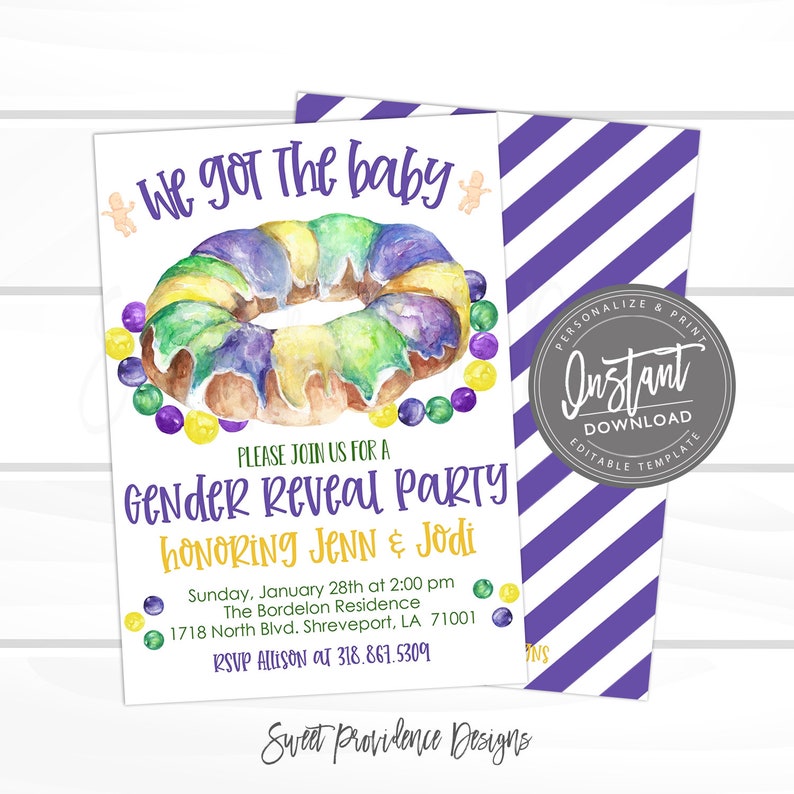 Mardi Gras Gender Reveal Party, Editable Reveal template, We Got the Baby, Fat Tuesday Carnival, Instant Access Edit Now image 1