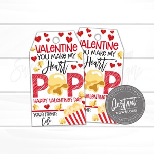 Valentine Favor Tags, Editable You Make My Heart Pop Tags, Popcorn Valentine Party, Editable Valentine Card Kids, template INSTANT ACCESS