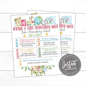 EDITABLE Teacher Appreciation Week Itinerary, Printable Digital File, Appreciation Week Schedule Events, Instant Access- Edit Now!
