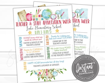 EDITABLE Teacher Appreciation Week Itinerary, Printable Digital File, Appreciation Week Schedule Events, Instant Access- Edit Now!