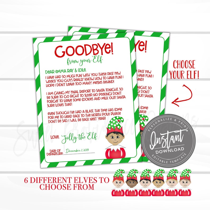 Op de afbeelding: Een afdrukbare "Vaarwel van je Elf" brief met een groen-witte gestreepte rand. De brief bevat een cartoon elf illustratie en de tekst "Goodbye!" in het rood. De afbeelding bevat ook de tekst "Kies je Elf!" en "6 verschillende Elfen om uit te kiezen."