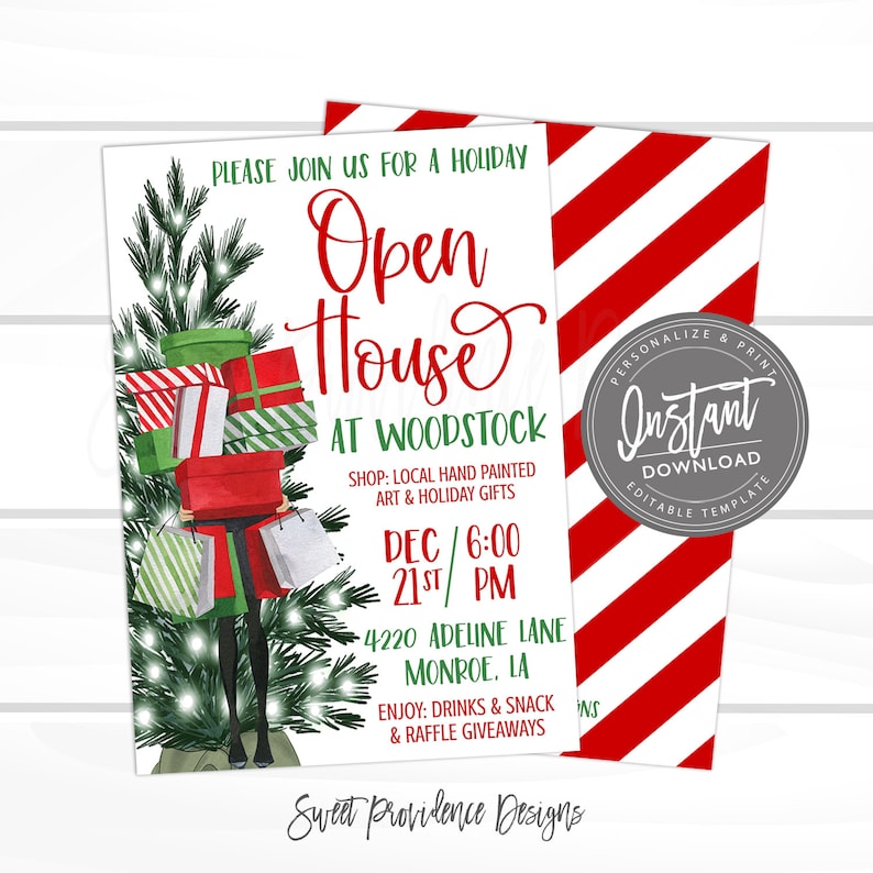 May include: A holiday-themed invitation with the text "Open House at Woodstock." The design features a watercolor illustration of a person holding gifts and shopping bags near a Christmas tree. The invitation includes event details and the words "Instant Download."