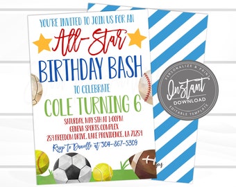 All-Star Sports Birthday Invitation, All-Star Birthday Bash, Editable sports template, Boy Sports Birthday Invite,Printable Instant Access